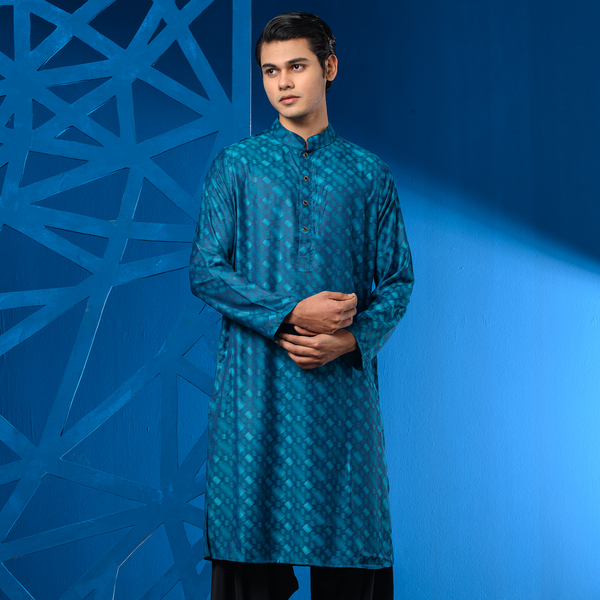 Digital Printed Deep Turquoise Color Soft Premium Panjabi