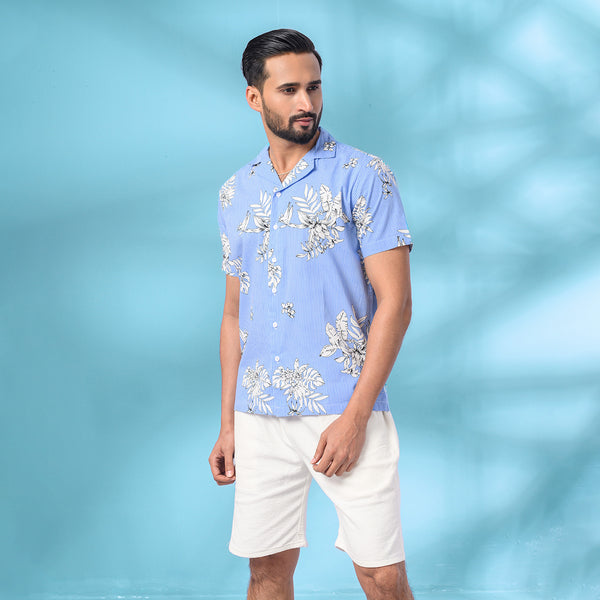 Floral Printed Sky Blue Half Shirt