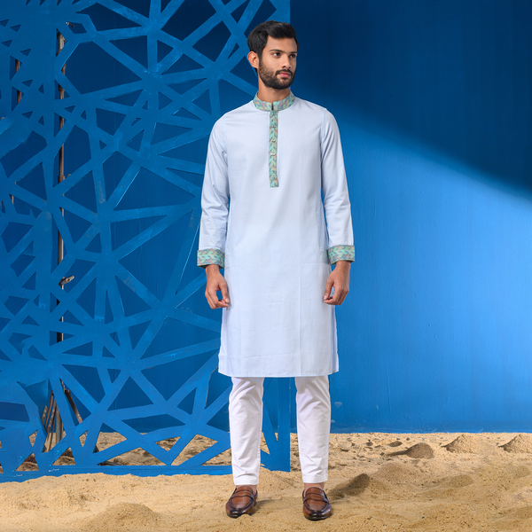 Solid Sky  Blue Khadi Cotton Slim Fitted Panjabi