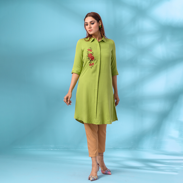 Stylish Floral Embroidery Olive Long Tunic