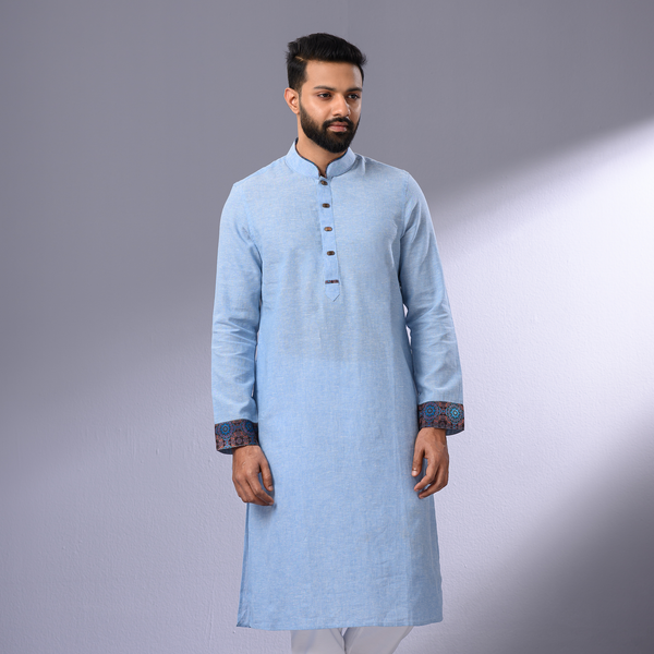 Solid Sky  Blue Khadi Cotton Slim Fitted Panjabi