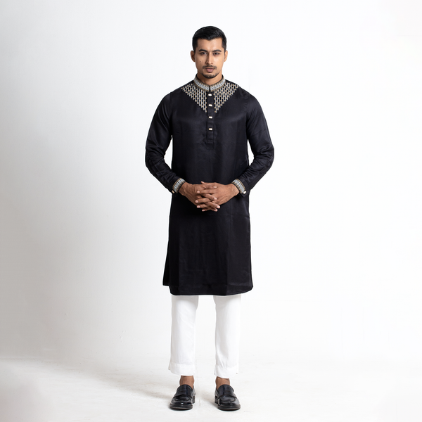 Tavaas Solid Black With Embroidered Stylish Mens Panjabi