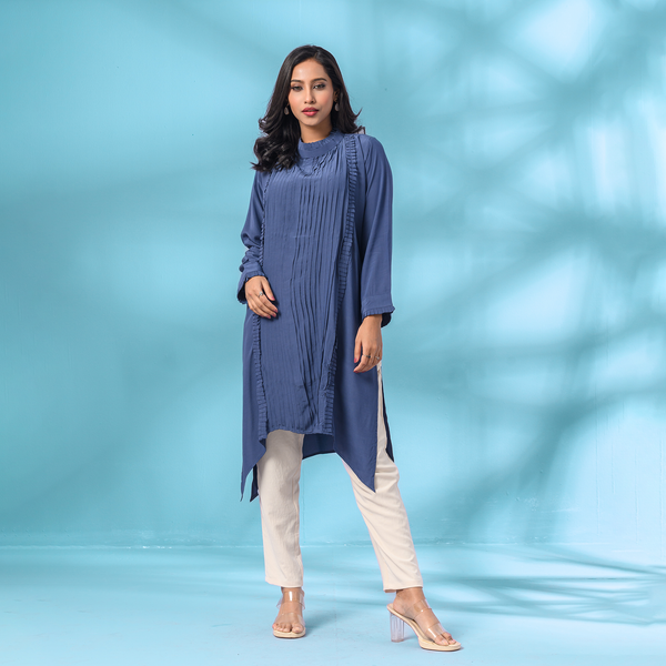 Solid Blue Stylish Blend Long Tunic