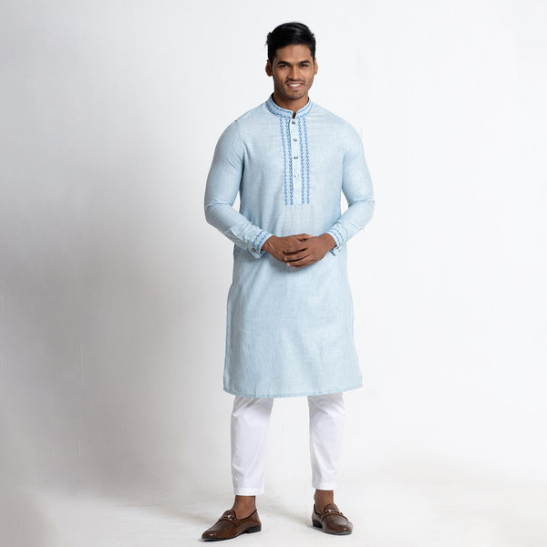 Tavaas Solid Sky Creeper Embroidered Soft Cotton Stylish Mens Panjabi