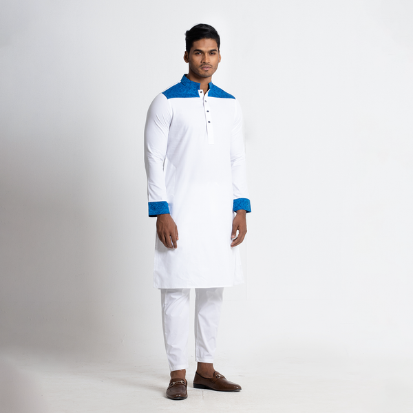 Tavaas Solid White With Printed Combind Cotton Stylish Mens Panjabi