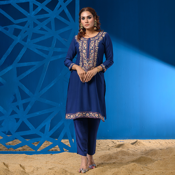 Stylish Embroidery Royal Blue Ladies Two Pcs