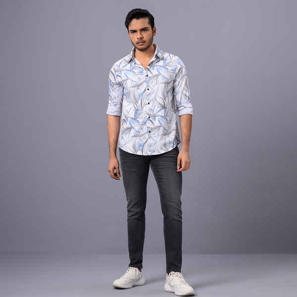 Blue-Ash Leaf Printed Off White Casual Long Shirt