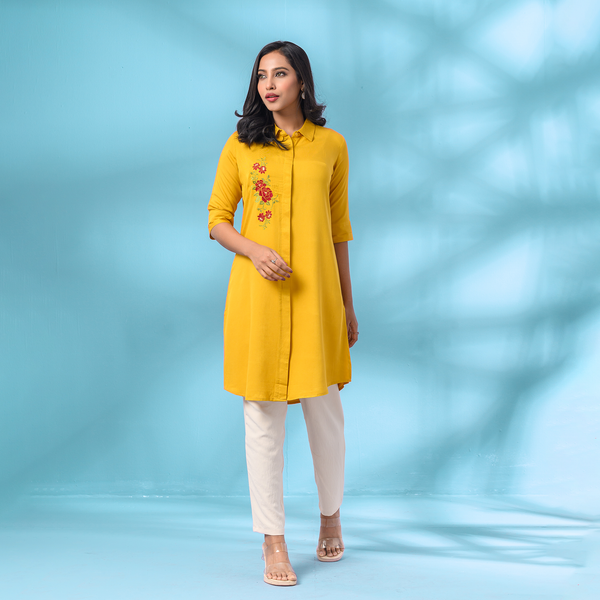 Stylish Floral Embroidery Yellow Long Tunic