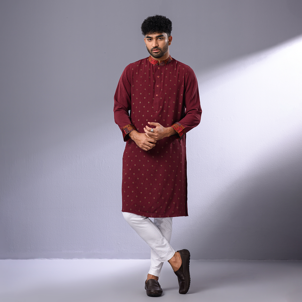 Cuff-Neck Print Combined Slim Fit Panjabi