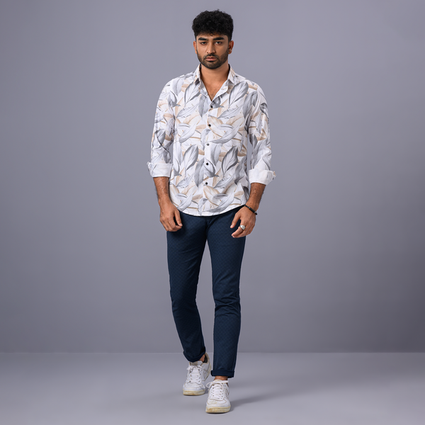 Brown-Ash Leaf Printed Off White Casual Long Shirt