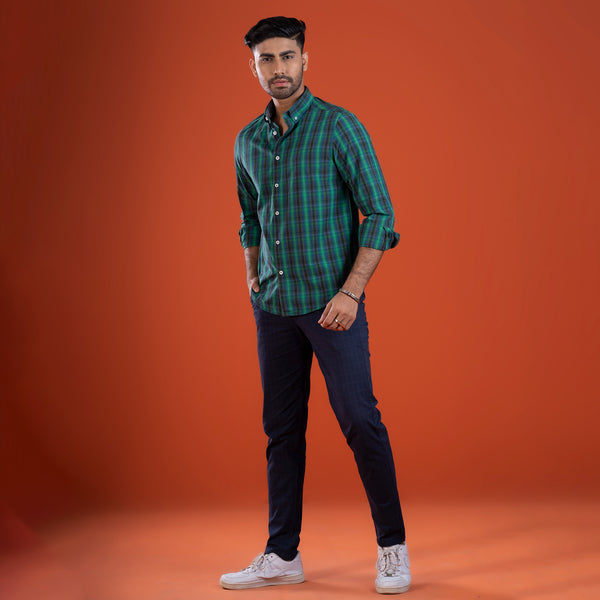 Green Checked Casual Shirt Long