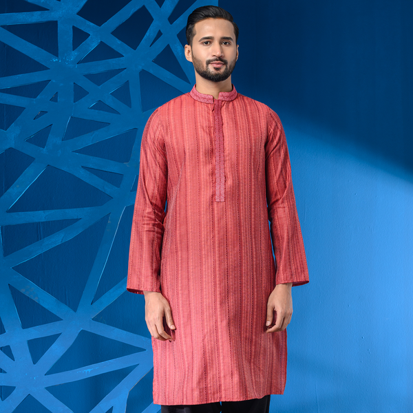 Coral Red Premium Jacquard Panjabi